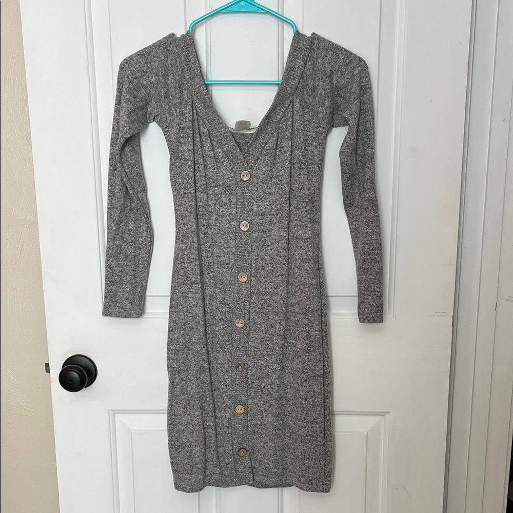 Elegant Long Sleeve Gray Knit Dress